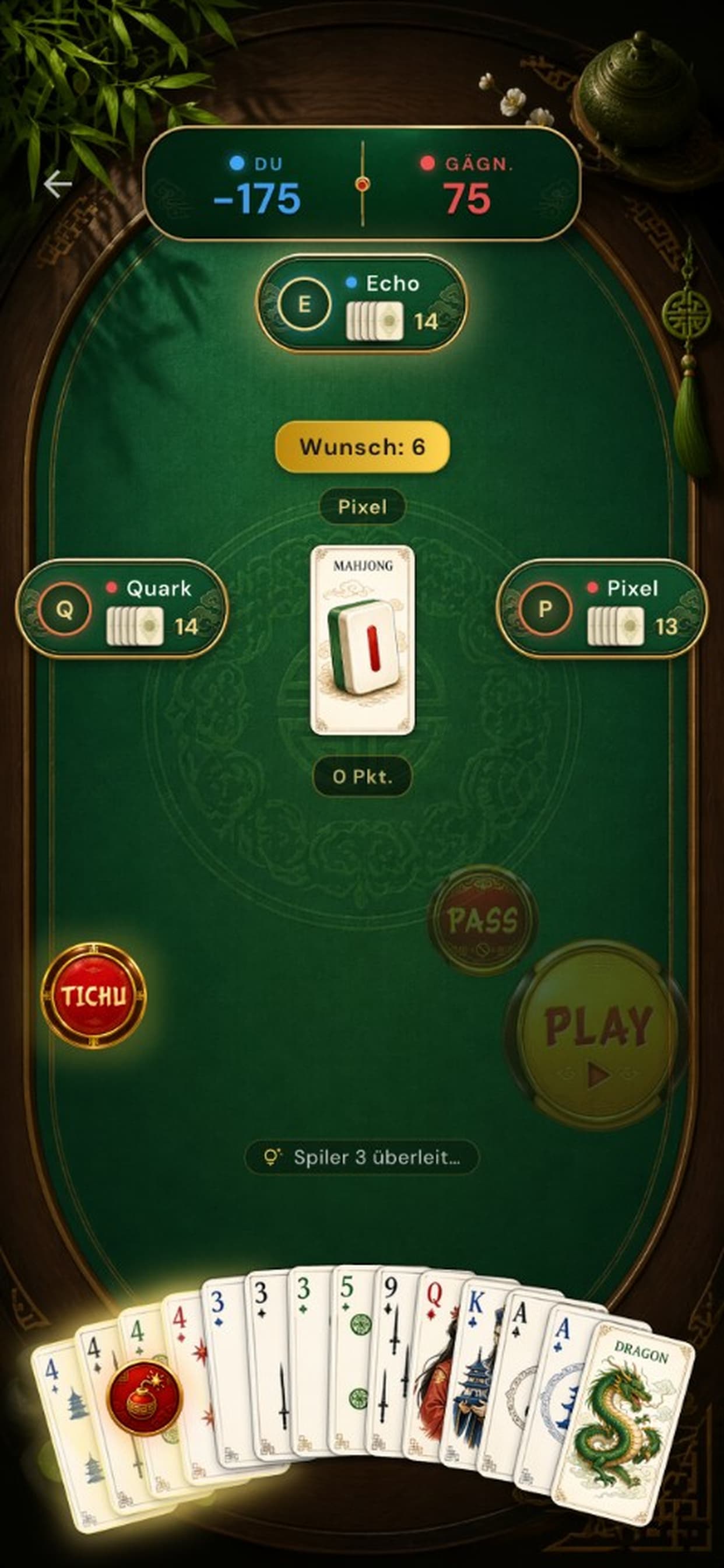 TichuMaster game table with the Mahjong card played and hand of cards visible