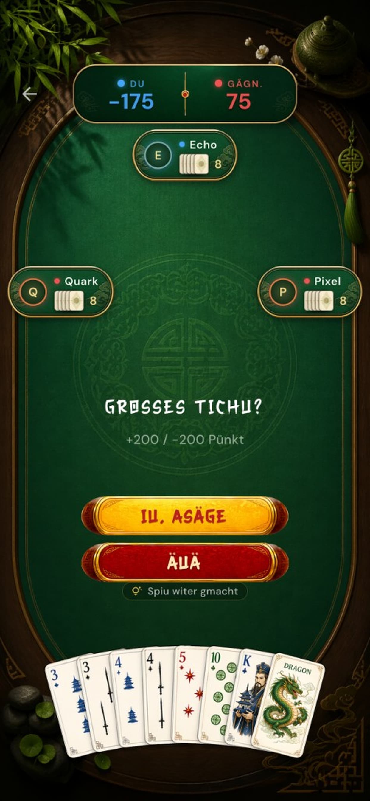 Grand Tichu decision screen in Swiss German