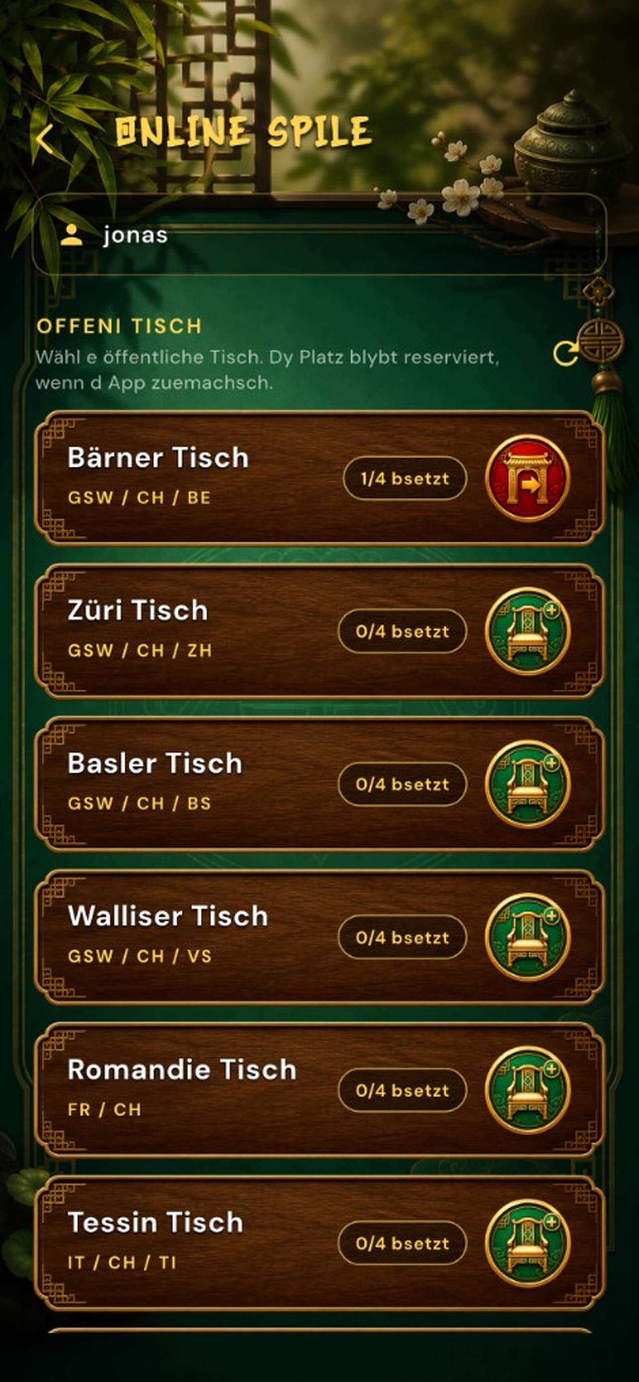 Online tables list showing public rooms players can join