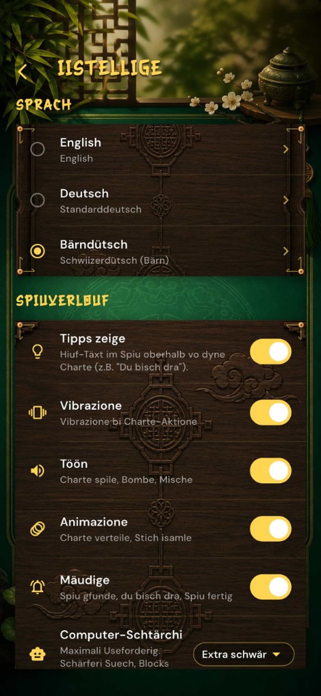 TichuMaster settings screen showing language and gameplay options