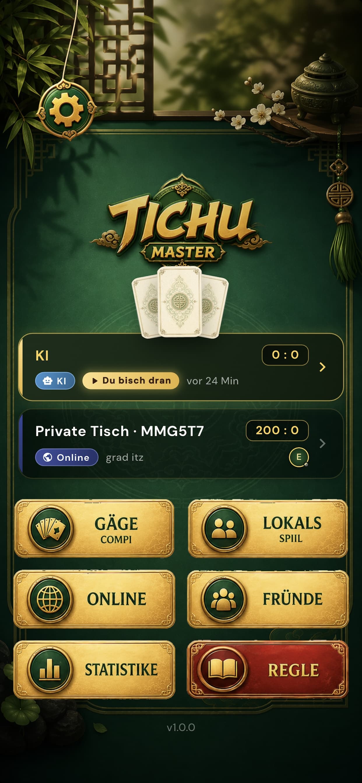 TichuMaster home screen with local, online, friends, statistics and rules buttons